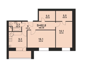 ЖК «Мечта», планировка 2-комнатной квартиры, 62.80 м²