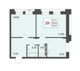 ЖК «Расцветай в Люблино», планировка 2-комнатной квартиры, 59.03 м²