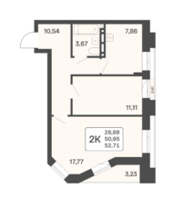 ЖК «Расцветай в Люблино», планировка 2-комнатной квартиры, 52.71 м²