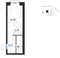 ЖК «Соседи 21/19», планировка 1-комнатной квартиры, 25.32 м²