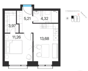 ЖК «Соседи 21/19», планировка 1-комнатной квартиры, 38.44 м²
