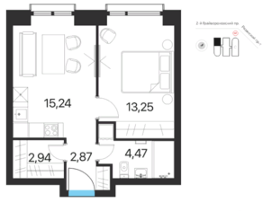 ЖК «Соседи 21/19», планировка 1-комнатной квартиры, 38.77 м²