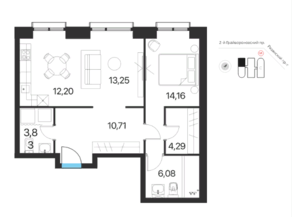 ЖК «Соседи 21/19», планировка 2-комнатной квартиры, 64.52 м²