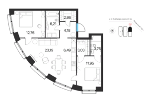 ЖК «Соседи 21/19», планировка 3-комнатной квартиры, 74.43 м²