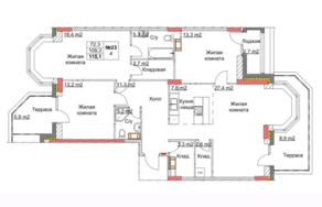ЖК «Клюквенный», планировка 4-комнатной квартиры, 116.40 м²