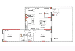 ЖК «Клюквенный», планировка 3-комнатной квартиры, 86.40 м²
