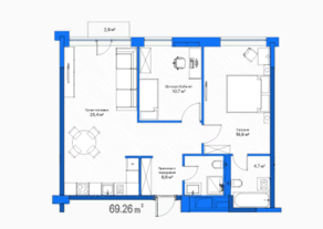МФК «Живой комплекс LES», планировка 2-комнатной квартиры, 69.26 м²