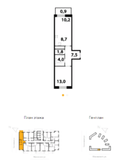 ЖК «Союзный», планировка 2-комнатной квартиры, 46.10 м²