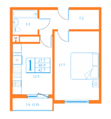 ЖК «Лесной квартал», планировка 1-комнатной квартиры, 42.70 м²