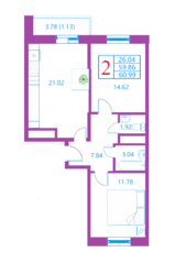 ЖК «Лесной квартал», планировка 2-комнатной квартиры, 60.99 м²