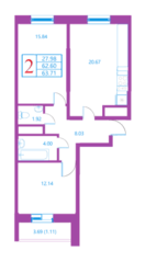 ЖК «Лесной квартал», планировка 2-комнатной квартиры, 63.71 м²