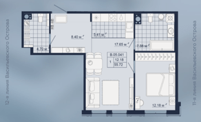 ЖК «Amo», планировка 1-комнатной квартиры, 55.72 м²