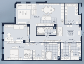ЖК «Amo», планировка 2-комнатной квартиры, 149.50 м²