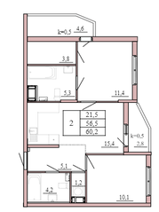 ЖК «Tre Kronor», планировка 2-комнатной квартиры, 60.20 м²