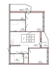 ЖК «Tre Kronor», планировка 2-комнатной квартиры, 61.00 м²