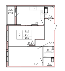 ЖК «Tre Kronor», планировка 2-комнатной квартиры, 66.10 м²