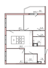 ЖК «Tre Kronor», планировка 3-комнатной квартиры, 67.60 м²