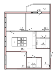 ЖК «Tre Kronor», планировка 3-комнатной квартиры, 68.30 м²