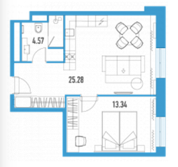 Апарт-отель «YE’S LEADER», планировка 1-комнатной квартиры, 42.95 м²