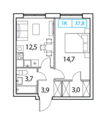 ЖК «Новый Зеленоград», планировка 1-комнатной квартиры, 37.80 м²