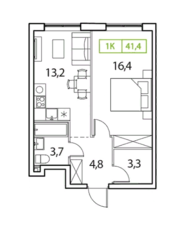ЖК «Новый Зеленоград», планировка 1-комнатной квартиры, 41.40 м²