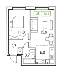 ЖК «Новый Зеленоград», планировка 2-комнатной квартиры, 42.10 м²