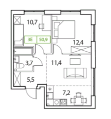 ЖК «Новый Зеленоград», планировка 3-комнатной квартиры, 50.90 м²