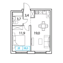 ЖК «Новый Зеленоград», планировка 1-комнатной квартиры, 38.00 м²