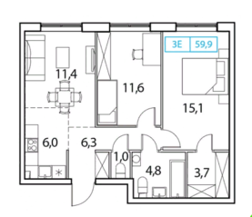ЖК «Новый Зеленоград», планировка 3-комнатной квартиры, 59.90 м²