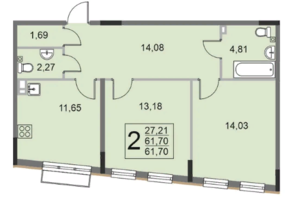 МЖК «Эльйон», планировка 2-комнатной квартиры, 61.70 м²