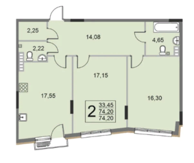 МЖК «Эльйон», планировка 2-комнатной квартиры, 74.20 м²