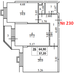 ЖК «Аврора (Химки)», планировка 2-комнатной квартиры, 64.90 м²