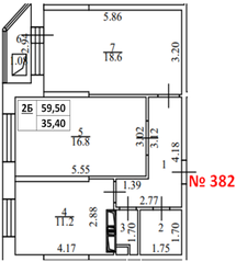 ЖК «Аврора (Химки)», планировка 2-комнатной квартиры, 59.50 м²
