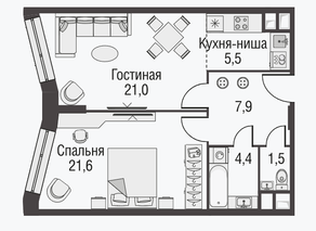 МФК «Резиденции архитекторов», планировка 2-комнатной квартиры, 61.90 м²