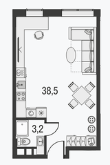 МФК «Резиденции архитекторов», планировка 1-комнатной квартиры, 41.90 м²