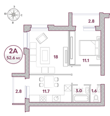 МЖК «Варежки», планировка 2-комнатной квартиры, 52.20 м²