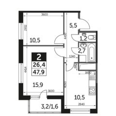 ЖК UP-квартал «Сколковский», планировка 2-комнатной квартиры, 48.20 м²