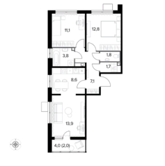 ЖК «1-й Ленинградский», планировка 3-комнатной квартиры, 62.80 м²