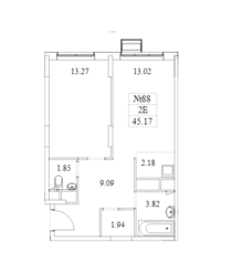 ЖК «Новотомилино», планировка 1-комнатной квартиры, 45.17 м²