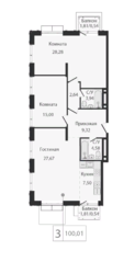 ЖК «Dream Towers», планировка 3-комнатной квартиры, 100.01 м²