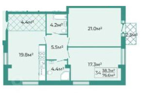 ЖК «Халькон», планировка 2-комнатной квартиры, 76.60 м²