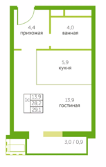 ЖК «Зеленый квартет», планировка 1-комнатной квартиры, 29.10 м²