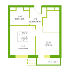 ЖК «Зеленый квартет», планировка 1-комнатной квартиры, 33.30 м²