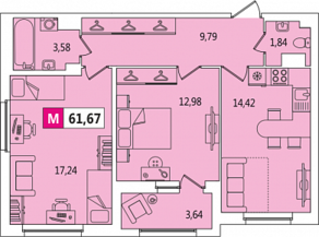 ЖК «ARTквартал. Аквилон», планировка 2-комнатной квартиры, 61.20 м²