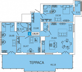 ЖК «ARTквартал. Аквилон», планировка 3-комнатной квартиры, 129.00 м²