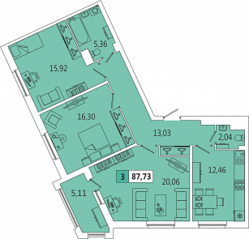 ЖК «ARTквартал. Аквилон», планировка 3-комнатной квартиры, 85.40 м²