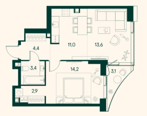 ЖК «Клубный город на реке Primavera», планировка 1-комнатной квартиры, 50.80 м²