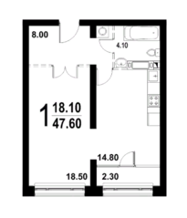 ЖК «Серебро», планировка 1-комнатной квартиры, 47.00 м²