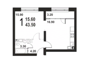 ЖК «Серебро», планировка 1-комнатной квартиры, 43.00 м²