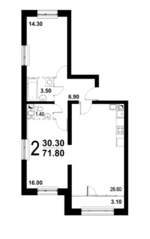 ЖК «Серебро», планировка 2-комнатной квартиры, 71.00 м²